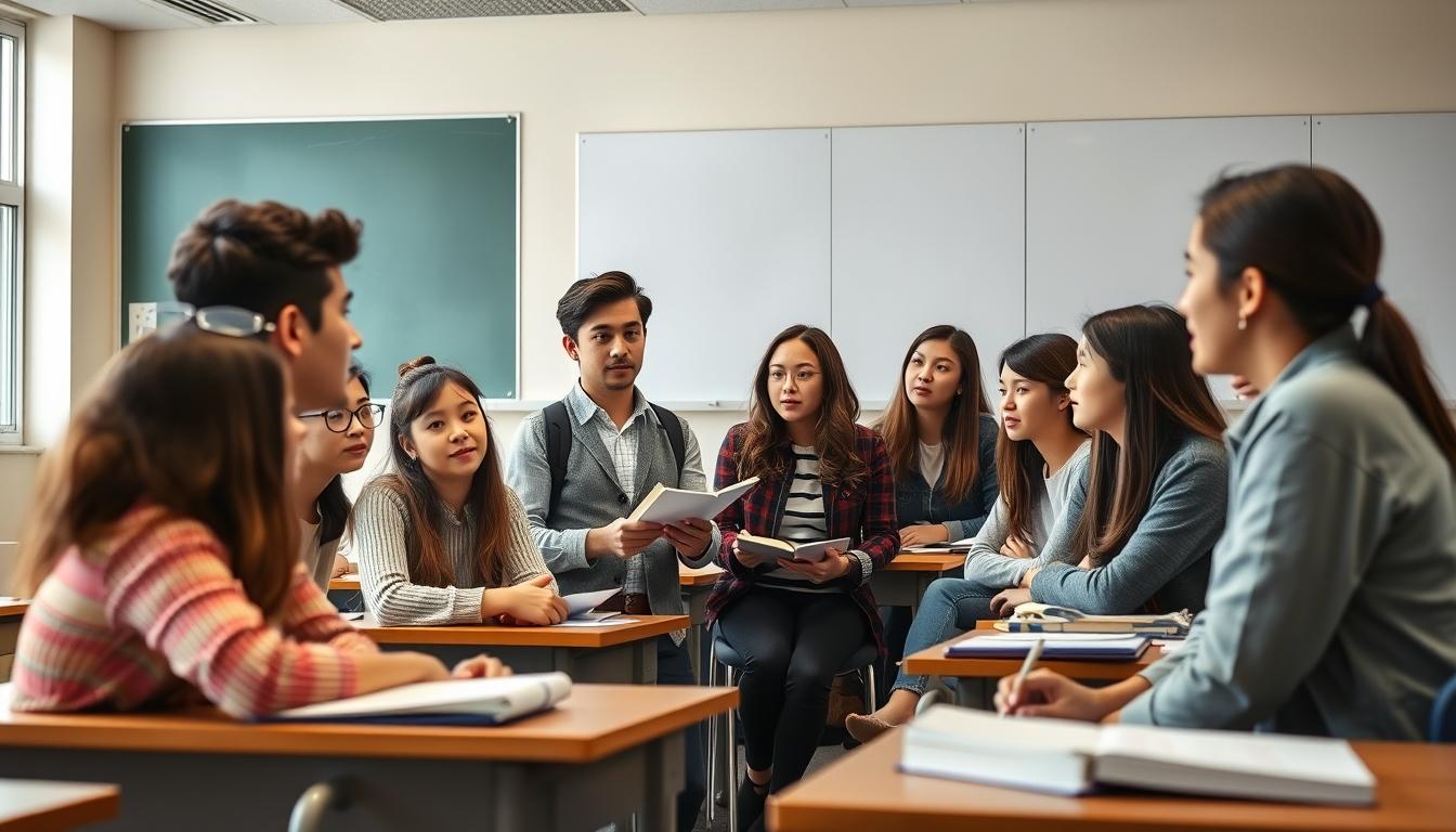 Students studying together in modern classroom